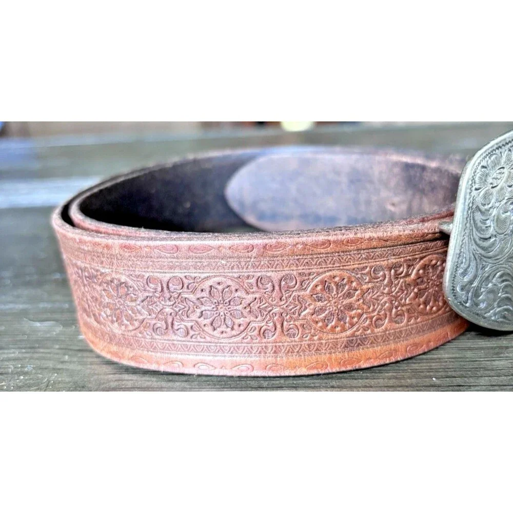 Vintage Belt & 1994 Buckle Brown Western Leather 41” Cowboy Tooled Supple Y2K